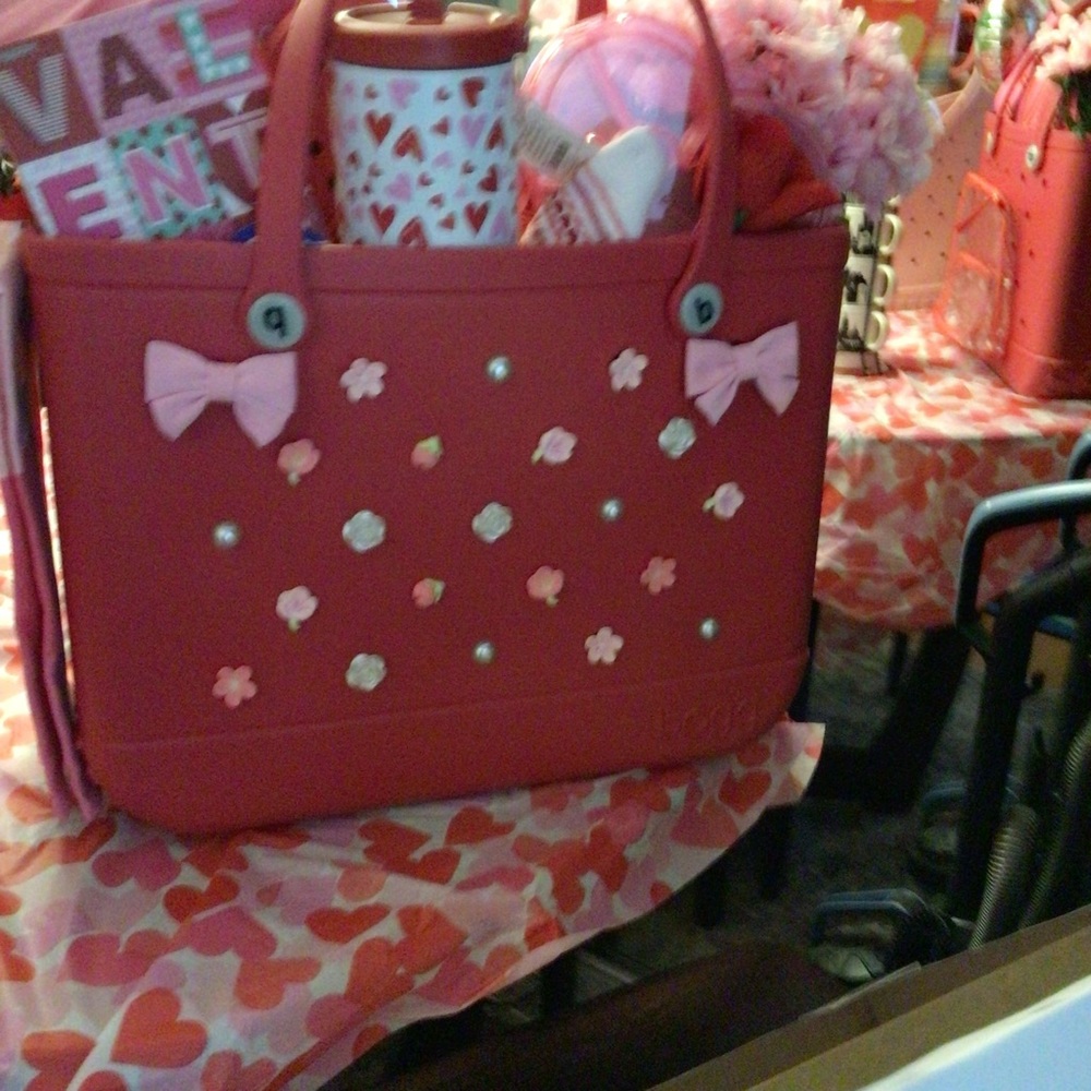 CROCS Red Tote with Pink Bow Accents